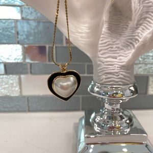 Heart Pendant with Pearl, Black Enamel, 14k Yellow Gold (chain not included)